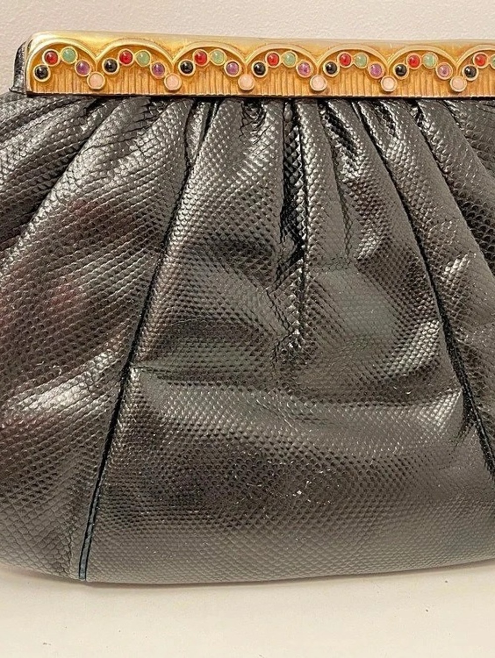 Judith Leiber Jeweled Frame Purse in Black Reptile.